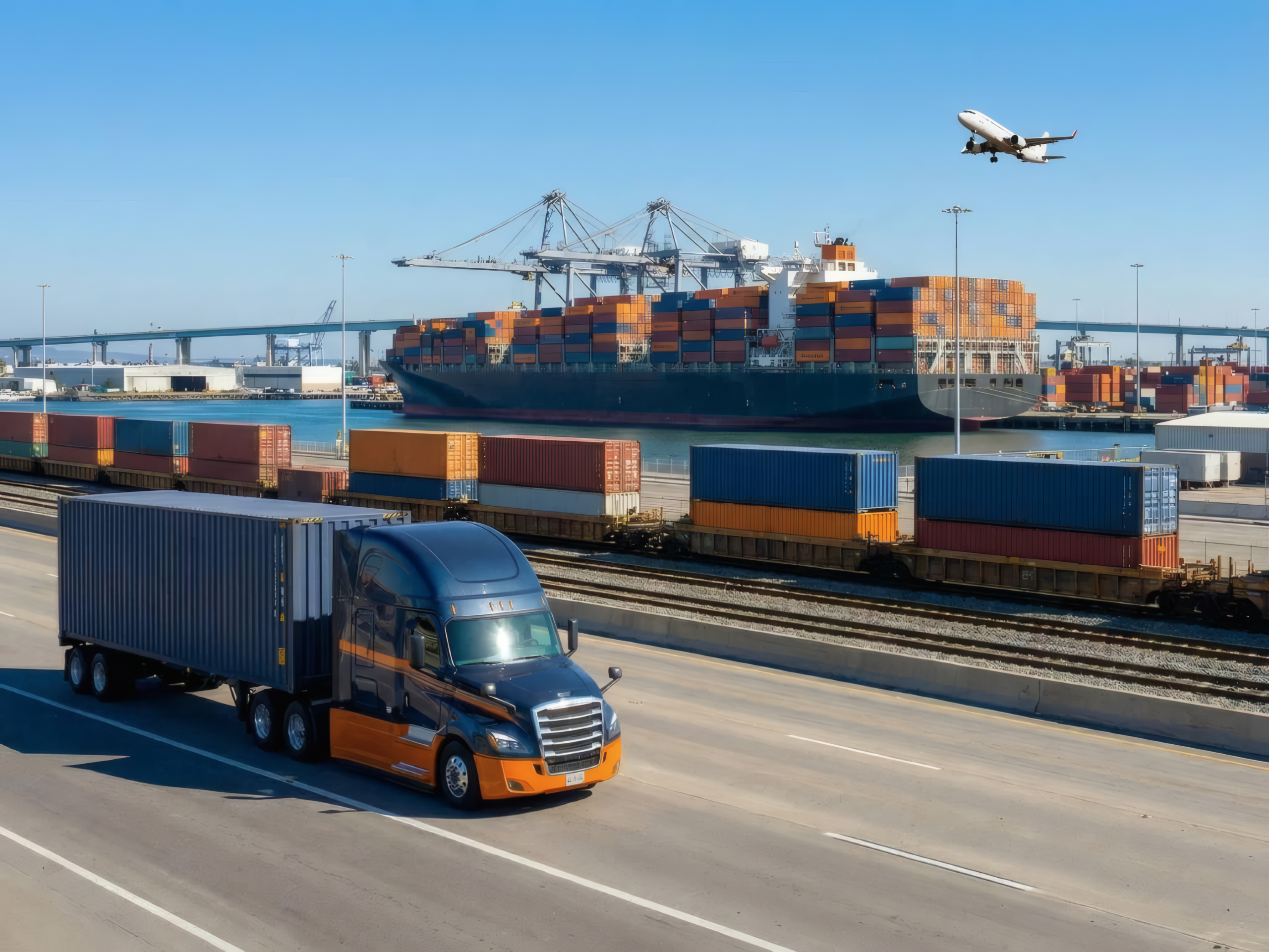 Большой грузовой корабль с контейнерами стоит в порту, рядом грузовик везет контейнер, а над головой пролетает самолет. Краны и штабеля контейнеров дополняют эту динамичную сцену для Главной страницы.