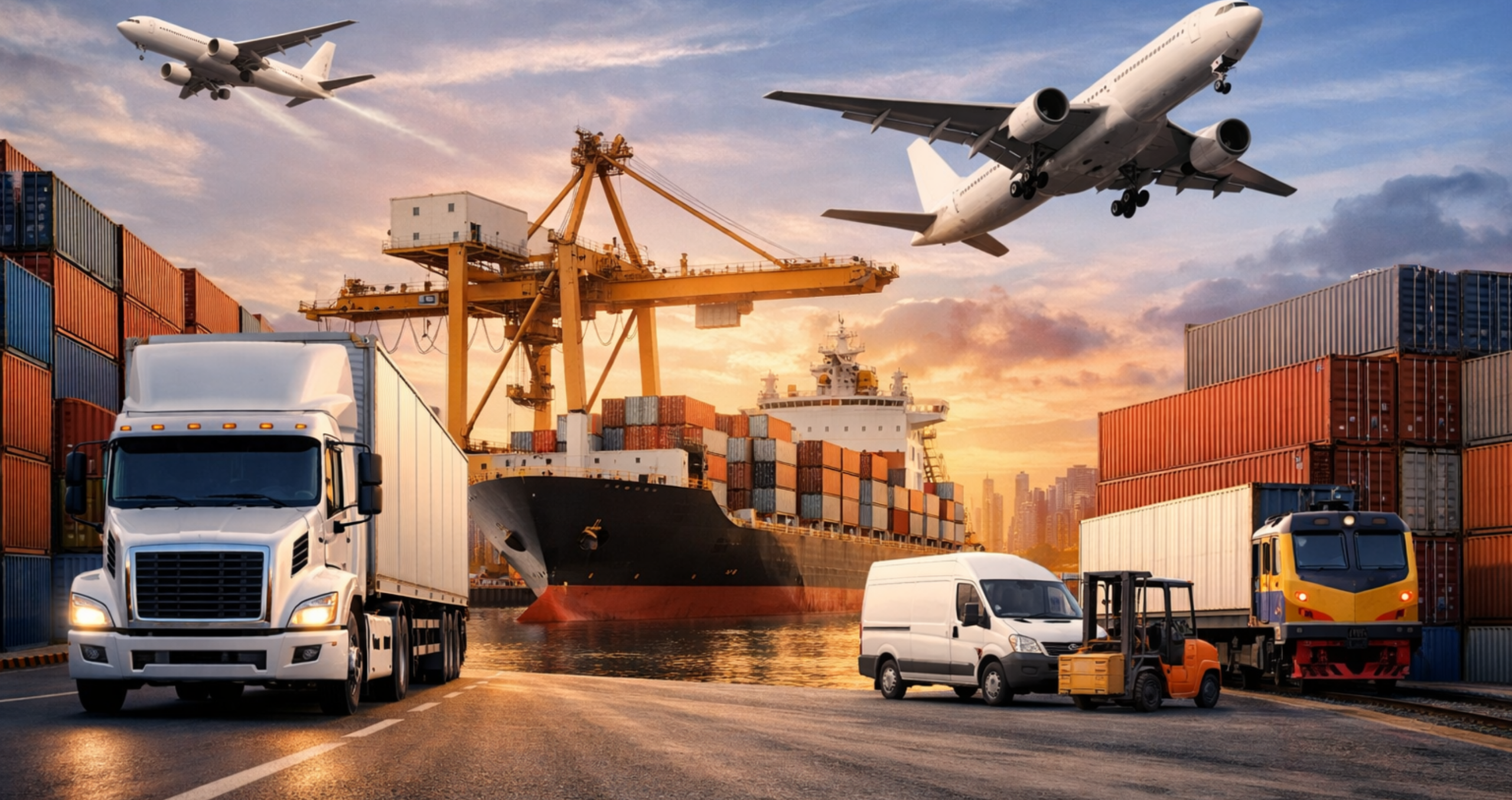 Несколько видов транспорта в оживленном порту на главной странице: грузовики, фургоны, погрузчик, поезд, большой контейнеровоз, пролетающие над головой самолеты, штабеля контейнеров и краны на закате.
