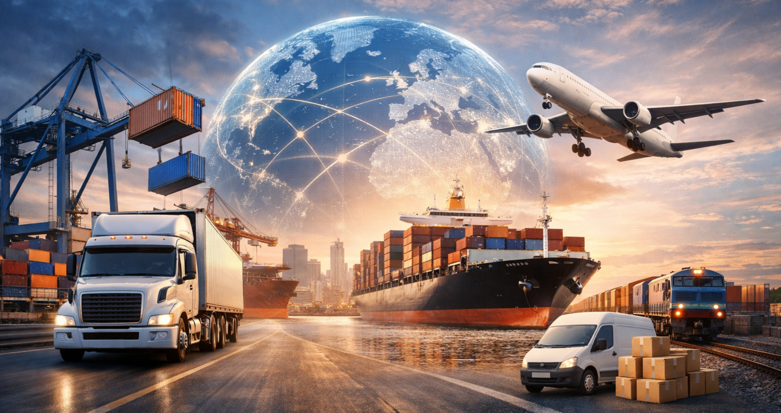 Коллаж для Главной страницы: глобальные перевозки и логистика с грузовым кораблем, грузовиком, фургоном, самолетом, поездом и штабелями контейнеров под светящейся картой мира с соединительными линиями в небе.