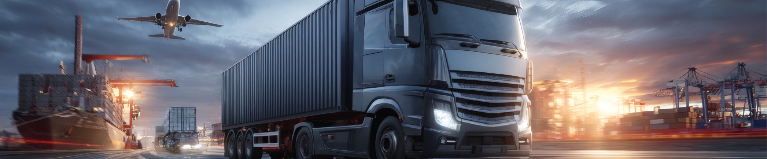 Большой грузовик едет по оживленному порту на закате, над ним проносятся контейнеры, краны, грузовое судно и самолет, символизируя глобальные перевозки и логистику.