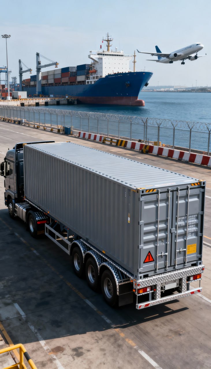 Большой грузовик с контейнерами припаркован у причала на Главной странице, на заднем плане - грузовое судно, а над водой взлетает коммерческий самолет.