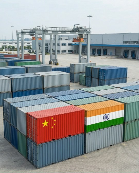 Судоходные контейнеры, сложенные в порту, на двух из которых изображены флаги Китая и Индии, навевают мысли о глобальной торговле. На заднем плане возвышаются большие краны и промышленное здание - сцена, подходящая для любой главной страницы.