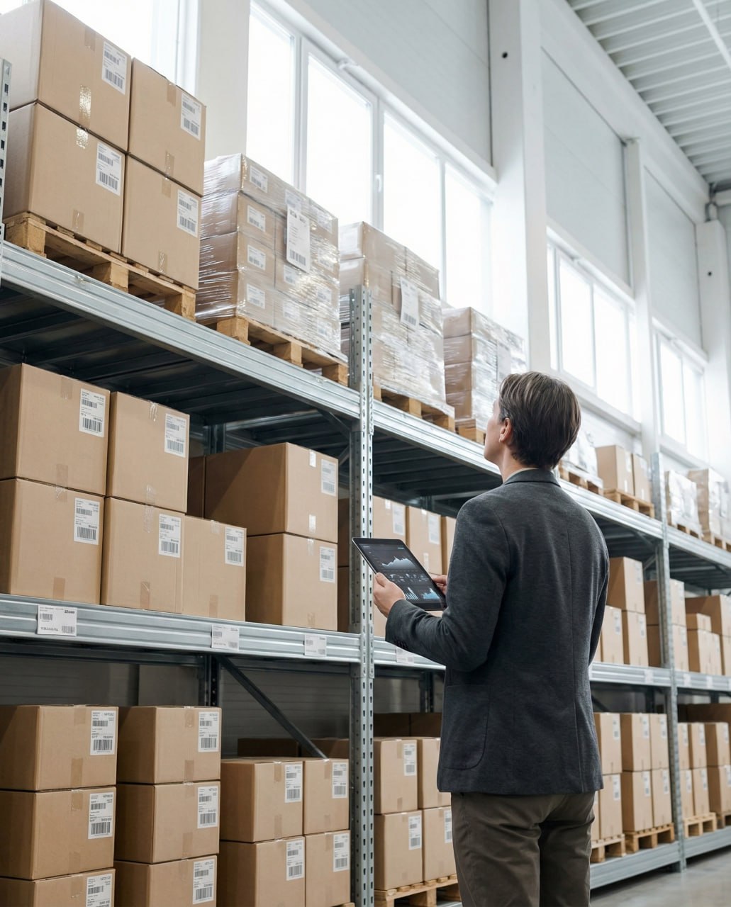 Человек в костюме с планшетом стоит на складе и смотрит на полки, уставленные картонными коробками. Солнечный свет проникает через большие окна над стеллажами, создавая профессиональную атмосферу Главной страницы.