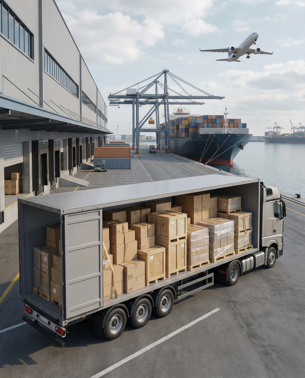 Грузовик с коробками припаркован у причала рядом со складом на главной странице, в то время как краны загружают грузовой корабль, а над головой пролетает самолет, иллюстрируя оживленный логистический и транспортный узел.